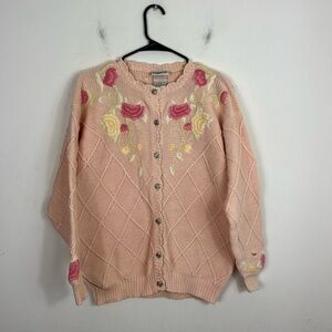 Vintage Northern Reflections Embroidered Pink Floral Cardigan Sz M